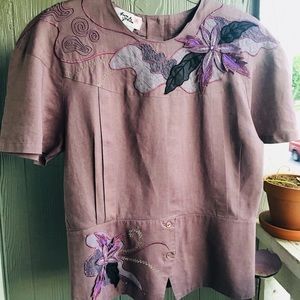 Ann Geslin Purple Applique Top Linen Blouse Flower